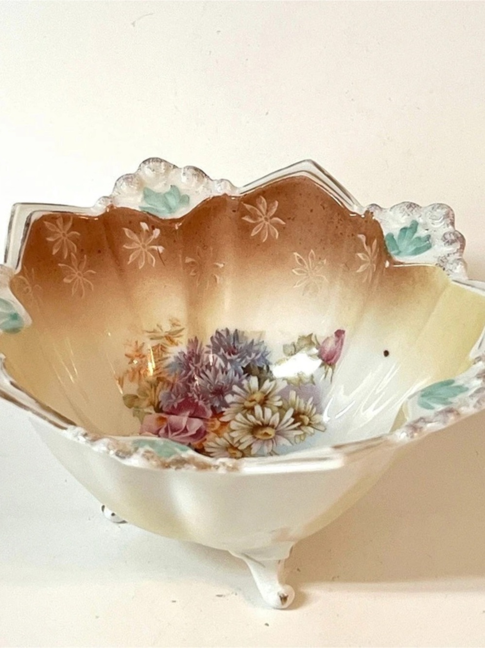 Antique S&T RS Germany Porcelain 3 Footed Candy Dish Bowl Floral Pattern 3 in H
